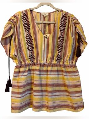 100% Cotton Boho Western Striped Embroidered Peplum Top